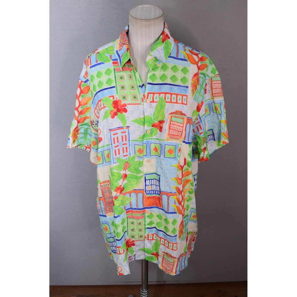 Kenny Flowers Shirt Large Multicolor Geometric Floral Rayon Button Men Coffee